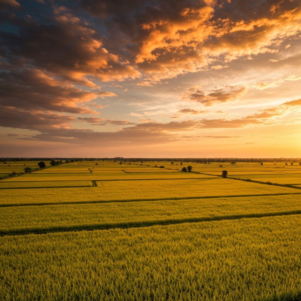 Golden rice paddy fields at sunset in India